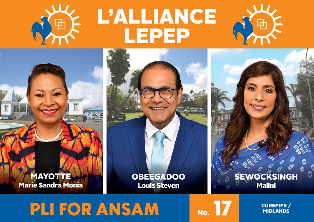 N° 17 (Curepipe/Midlands) : Sandra Mayotte (MSM), Steven Obeegadoo (Plateforme Militante) et Malini Sewocksingh (PMSD).