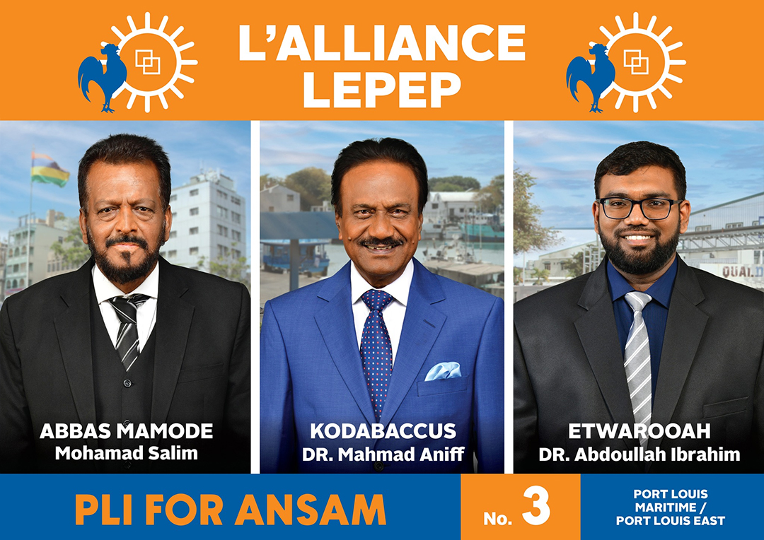 N° 3 (Port-Louis Maritime/Port-Louis Est) : Salim Abbas Mamode (MSM), Mahmad Kodabaccus (PMSD) et Abdoullah Etwarooah (Muvman Liberater).